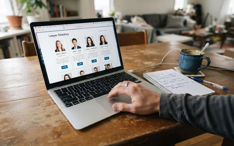 A prospective client compares two lawyer profiles and written fee estimates side by side before booking a consultation