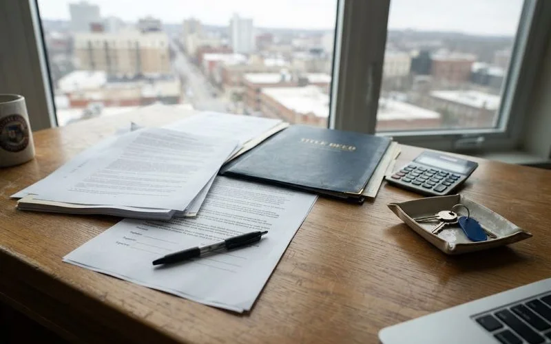 A conveyancer reviews a property title search and settlement documents with a buyer at a desk