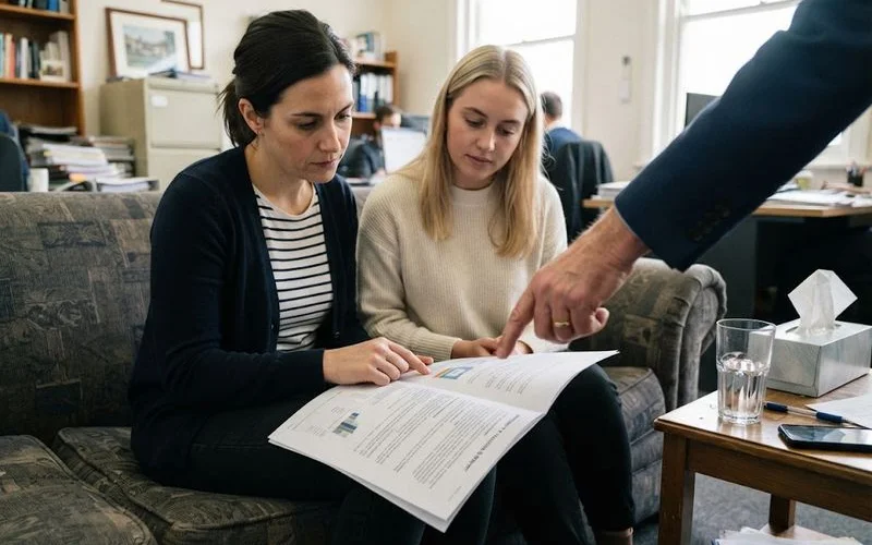 A couple reviews shared financial documents and a property title with a family lawyer at a desk