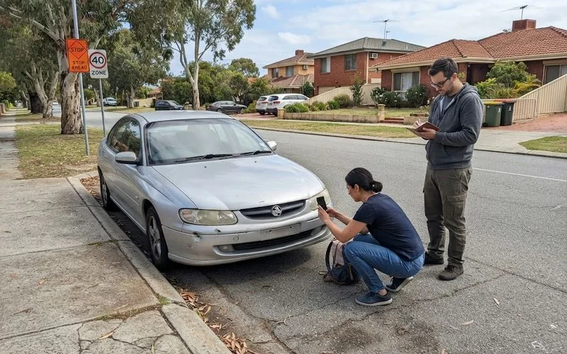 A person photographs vehicle damage at the scene of a car accident in Perth as part of documenting the incident