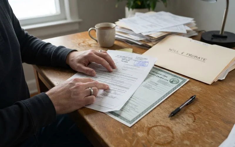 An executor reviews estate documents and a deceased relative's will with a probate lawyer at a desk