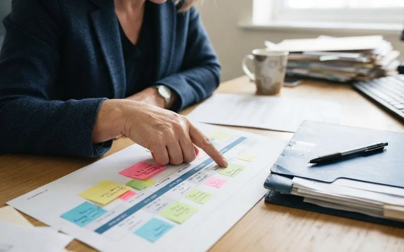 A family lawyer talks a client through the stages of a family law matter using a printed process timeline