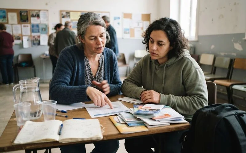 A community legal centre volunteer explains free legal advice options to a client at a reception desk