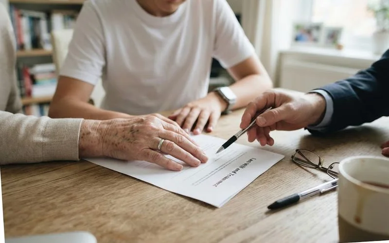 An adult child sits with an aging parent reviewing will and power of attorney documents at home