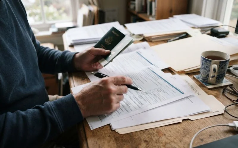 An immigration lawyer reviews visa application paperwork with a client at a desk in Perth