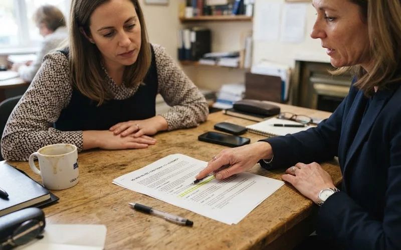A personal injury lawyer explains a no win no fee agreement to a client reviewing paperwork at a desk