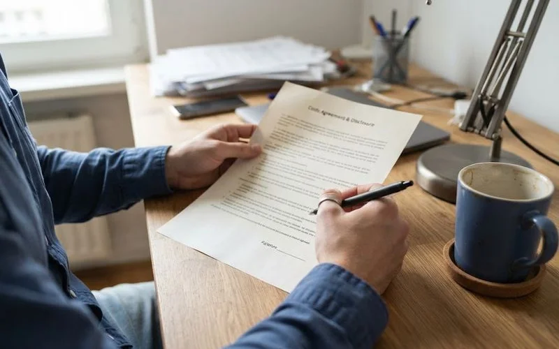 A client reviews a written costs agreement with a highlighter, checking the billing rate and estimate section