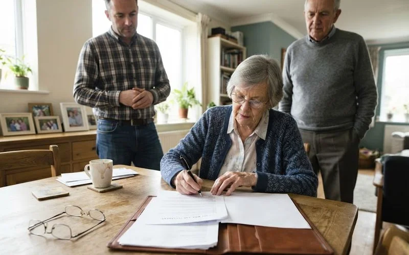 An older adult signs a will document in front of a solicitor and two witnesses at a Perth law office