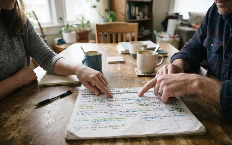 Two parents sit with a mediator reviewing a written parenting arrangement schedule at a family law office